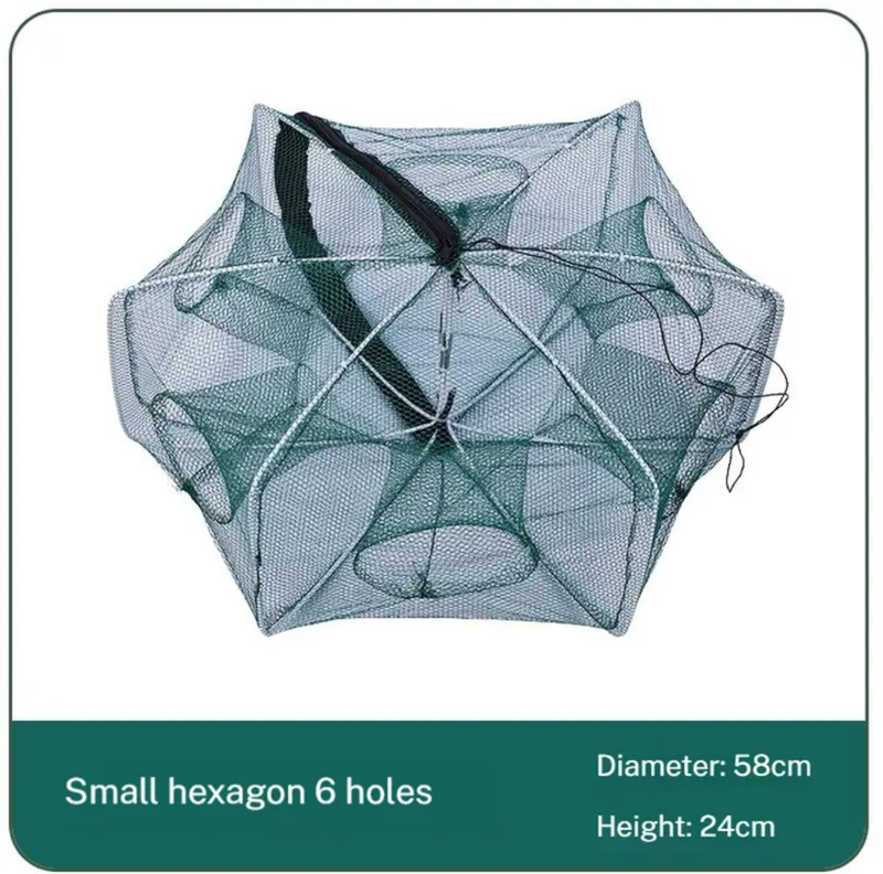 Foldable Hexagonal Fish Trap Net 6 / 8 / 10 / 12 Holes Automatic Fishing Cage with Zipper Portable Fishing Trap